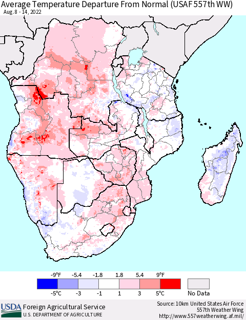 Southern Africa Average Temperature Departure from Normal (USAF 557th WW) Thematic Map For 8/8/2022 - 8/14/2022
