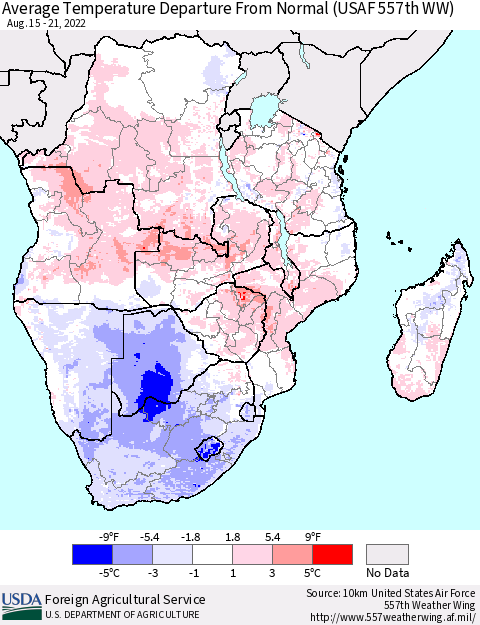 Southern Africa Average Temperature Departure from Normal (USAF 557th WW) Thematic Map For 8/15/2022 - 8/21/2022