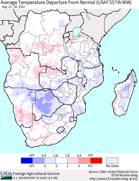 Southern Africa Average Temperature Departure from Normal (USAF 557th WW) Thematic Map For 8/22/2022 - 8/28/2022
