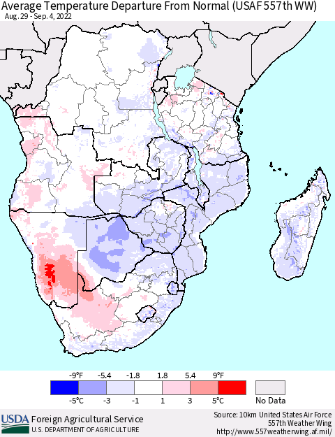 Southern Africa Average Temperature Departure from Normal (USAF 557th WW) Thematic Map For 8/29/2022 - 9/4/2022