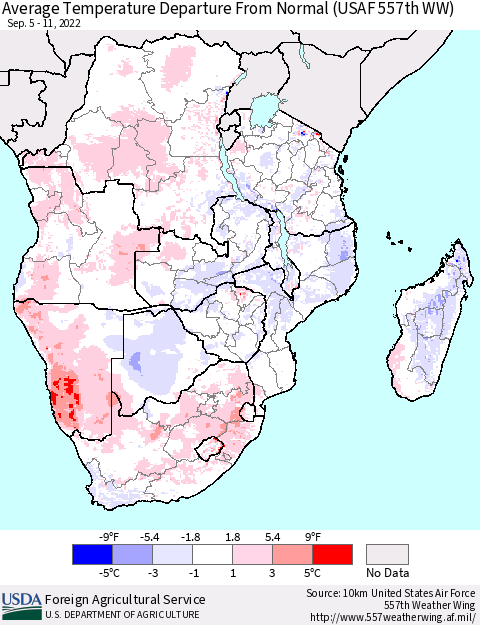 Southern Africa Average Temperature Departure from Normal (USAF 557th WW) Thematic Map For 9/5/2022 - 9/11/2022