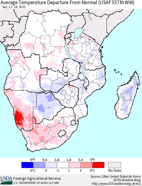 Southern Africa Average Temperature Departure from Normal (USAF 557th WW) Thematic Map For 9/12/2022 - 9/18/2022