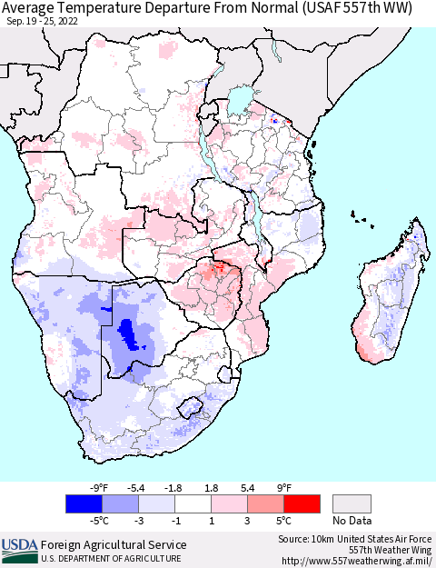 Southern Africa Average Temperature Departure from Normal (USAF 557th WW) Thematic Map For 9/19/2022 - 9/25/2022