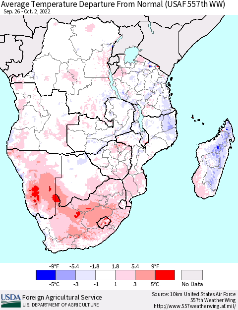 Southern Africa Average Temperature Departure from Normal (USAF 557th WW) Thematic Map For 9/26/2022 - 10/2/2022