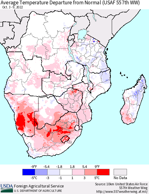 Southern Africa Average Temperature Departure from Normal (USAF 557th WW) Thematic Map For 10/3/2022 - 10/9/2022