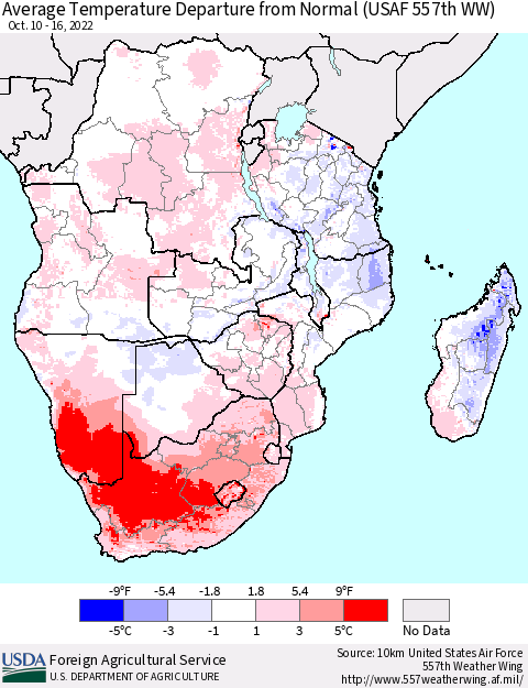 Southern Africa Average Temperature Departure from Normal (USAF 557th WW) Thematic Map For 10/10/2022 - 10/16/2022