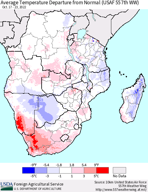 Southern Africa Average Temperature Departure from Normal (USAF 557th WW) Thematic Map For 10/17/2022 - 10/23/2022