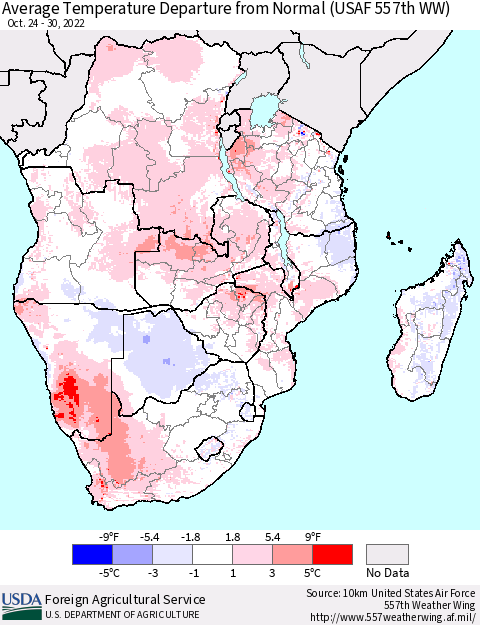 Southern Africa Average Temperature Departure from Normal (USAF 557th WW) Thematic Map For 10/24/2022 - 10/30/2022