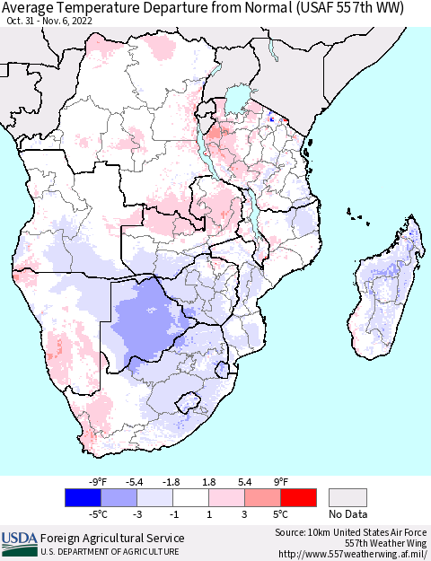 Southern Africa Average Temperature Departure from Normal (USAF 557th WW) Thematic Map For 10/31/2022 - 11/6/2022