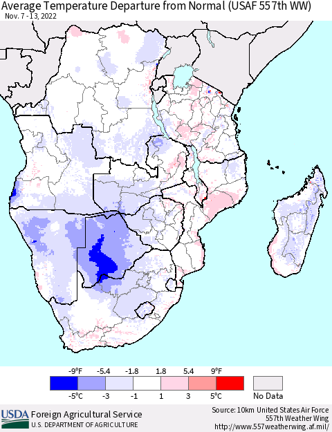 Southern Africa Average Temperature Departure from Normal (USAF 557th WW) Thematic Map For 11/7/2022 - 11/13/2022