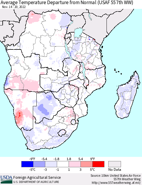 Southern Africa Average Temperature Departure from Normal (USAF 557th WW) Thematic Map For 11/14/2022 - 11/20/2022