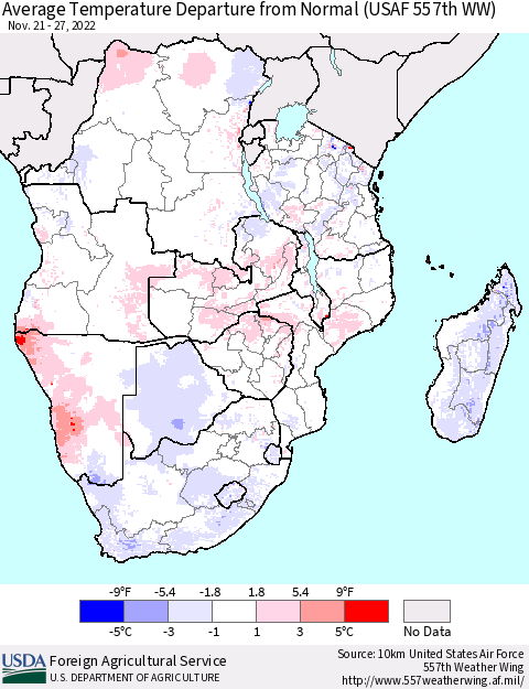 Southern Africa Average Temperature Departure from Normal (USAF 557th WW) Thematic Map For 11/21/2022 - 11/27/2022