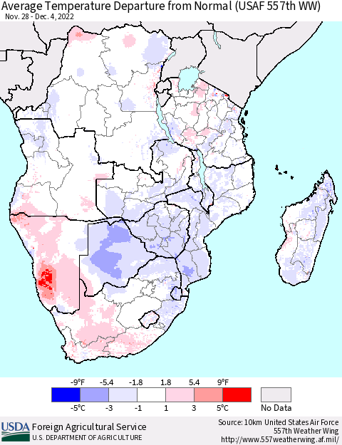 Southern Africa Average Temperature Departure from Normal (USAF 557th WW) Thematic Map For 11/28/2022 - 12/4/2022
