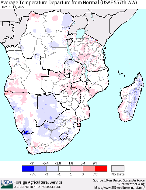 Southern Africa Average Temperature Departure from Normal (USAF 557th WW) Thematic Map For 12/5/2022 - 12/11/2022