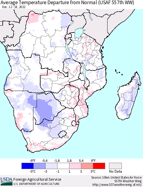 Southern Africa Average Temperature Departure from Normal (USAF 557th WW) Thematic Map For 12/12/2022 - 12/18/2022