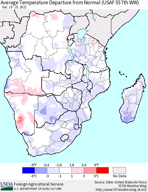 Southern Africa Average Temperature Departure from Normal (USAF 557th WW) Thematic Map For 12/19/2022 - 12/25/2022