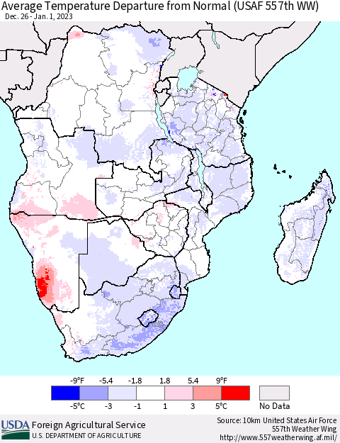 Southern Africa Average Temperature Departure from Normal (USAF 557th WW) Thematic Map For 12/26/2022 - 1/1/2023