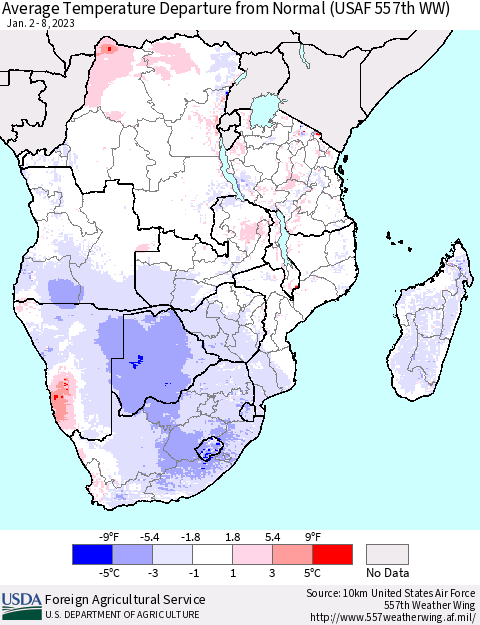 Southern Africa Average Temperature Departure from Normal (USAF 557th WW) Thematic Map For 1/2/2023 - 1/8/2023