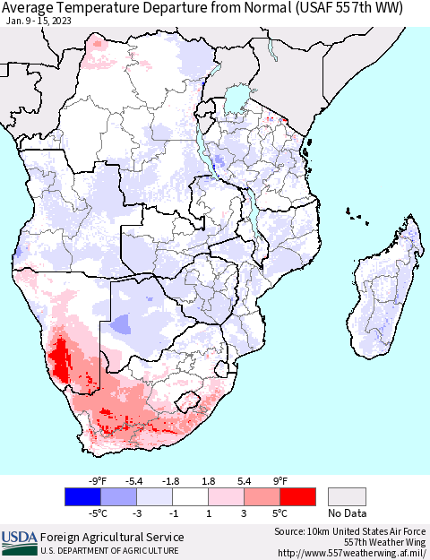 Southern Africa Average Temperature Departure from Normal (USAF 557th WW) Thematic Map For 1/9/2023 - 1/15/2023