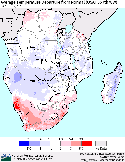 Southern Africa Average Temperature Departure from Normal (USAF 557th WW) Thematic Map For 1/16/2023 - 1/22/2023