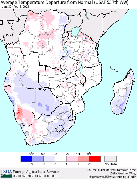 Southern Africa Average Temperature Departure from Normal (USAF 557th WW) Thematic Map For 1/30/2023 - 2/5/2023