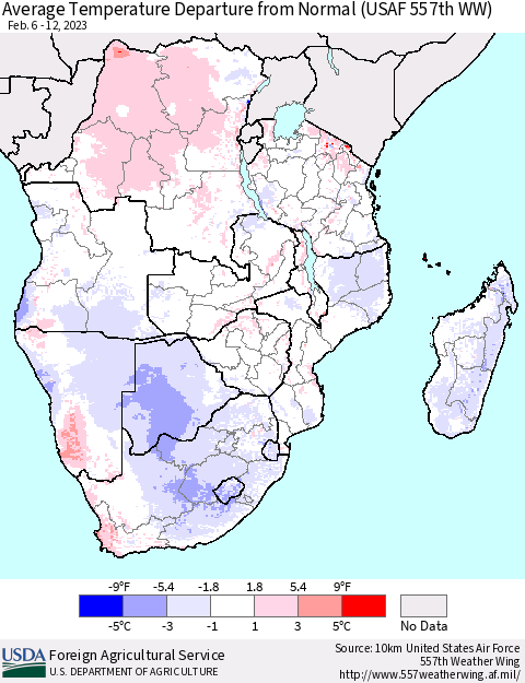 Southern Africa Average Temperature Departure from Normal (USAF 557th WW) Thematic Map For 2/6/2023 - 2/12/2023