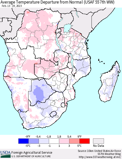 Southern Africa Average Temperature Departure from Normal (USAF 557th WW) Thematic Map For 2/13/2023 - 2/19/2023