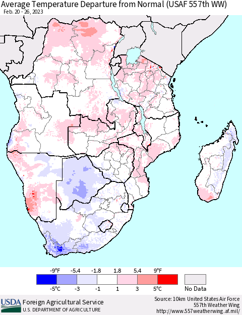 Southern Africa Average Temperature Departure from Normal (USAF 557th WW) Thematic Map For 2/20/2023 - 2/26/2023