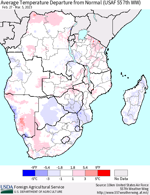 Southern Africa Average Temperature Departure from Normal (USAF 557th WW) Thematic Map For 2/27/2023 - 3/5/2023
