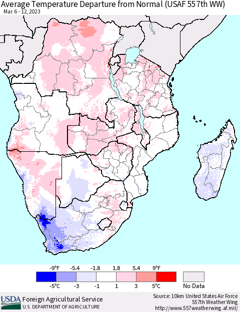 Southern Africa Average Temperature Departure from Normal (USAF 557th WW) Thematic Map For 3/6/2023 - 3/12/2023