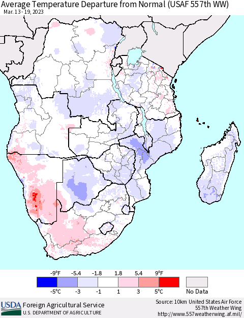 Southern Africa Average Temperature Departure from Normal (USAF 557th WW) Thematic Map For 3/13/2023 - 3/19/2023