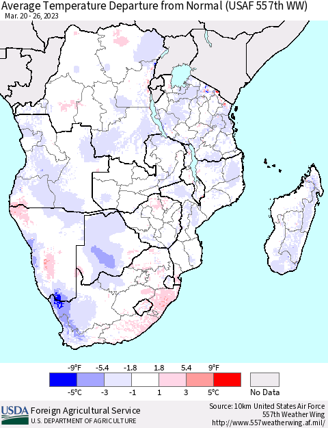Southern Africa Average Temperature Departure from Normal (USAF 557th WW) Thematic Map For 3/20/2023 - 3/26/2023