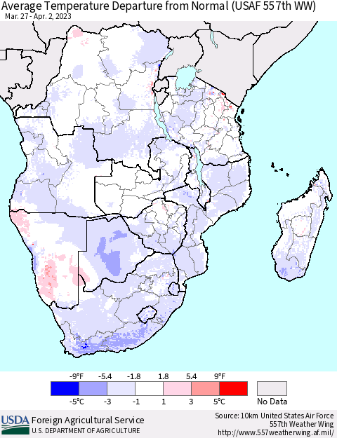 Southern Africa Average Temperature Departure from Normal (USAF 557th WW) Thematic Map For 3/27/2023 - 4/2/2023