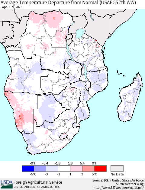 Southern Africa Average Temperature Departure from Normal (USAF 557th WW) Thematic Map For 4/3/2023 - 4/9/2023