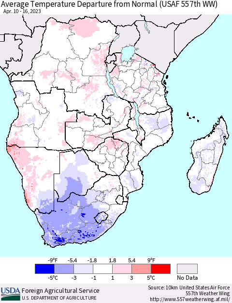 Southern Africa Average Temperature Departure from Normal (USAF 557th WW) Thematic Map For 4/10/2023 - 4/16/2023