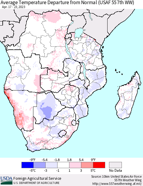 Southern Africa Average Temperature Departure from Normal (USAF 557th WW) Thematic Map For 4/17/2023 - 4/23/2023