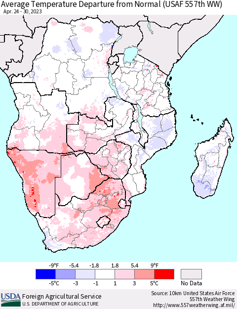 Southern Africa Average Temperature Departure from Normal (USAF 557th WW) Thematic Map For 4/24/2023 - 4/30/2023