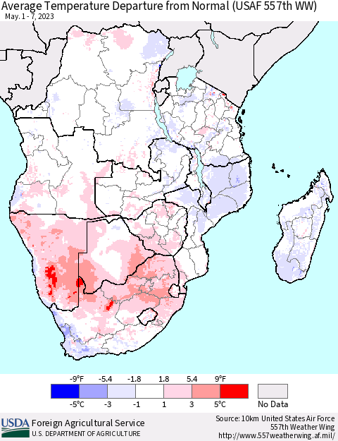 Southern Africa Average Temperature Departure from Normal (USAF 557th WW) Thematic Map For 5/1/2023 - 5/7/2023