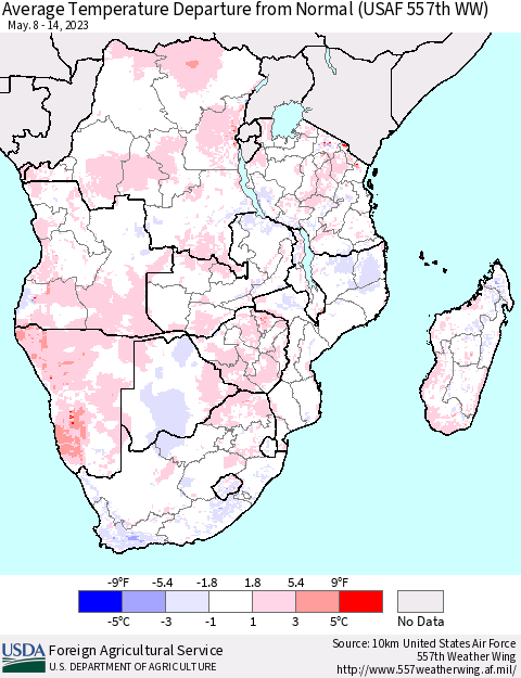 Southern Africa Average Temperature Departure from Normal (USAF 557th WW) Thematic Map For 5/8/2023 - 5/14/2023