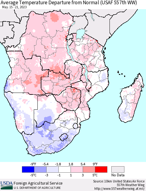 Southern Africa Average Temperature Departure from Normal (USAF 557th WW) Thematic Map For 5/15/2023 - 5/21/2023