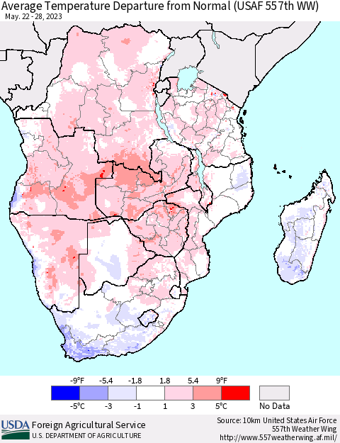 Southern Africa Average Temperature Departure from Normal (USAF 557th WW) Thematic Map For 5/22/2023 - 5/28/2023