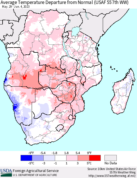 Southern Africa Average Temperature Departure from Normal (USAF 557th WW) Thematic Map For 5/29/2023 - 6/4/2023