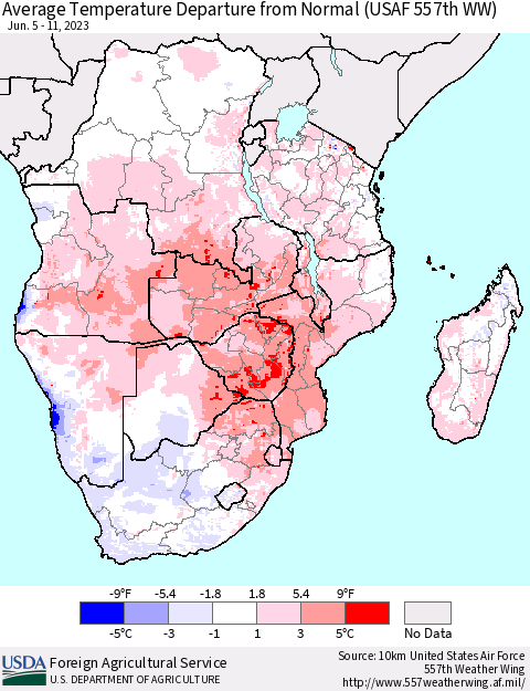Southern Africa Average Temperature Departure from Normal (USAF 557th WW) Thematic Map For 6/5/2023 - 6/11/2023