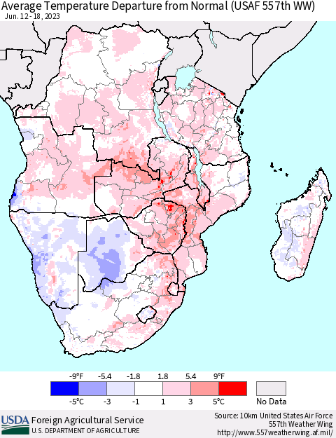 Southern Africa Average Temperature Departure from Normal (USAF 557th WW) Thematic Map For 6/12/2023 - 6/18/2023