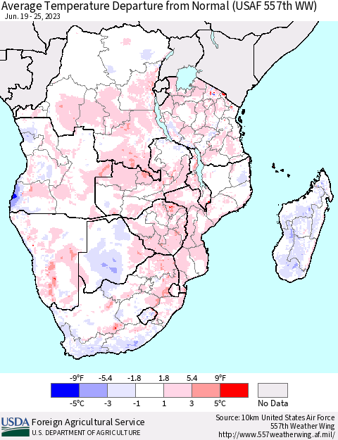 Southern Africa Average Temperature Departure from Normal (USAF 557th WW) Thematic Map For 6/19/2023 - 6/25/2023