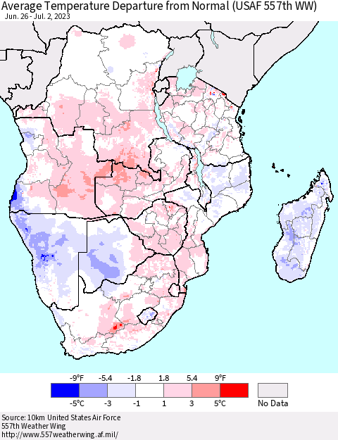 Southern Africa Average Temperature Departure from Normal (USAF 557th WW) Thematic Map For 6/26/2023 - 7/2/2023