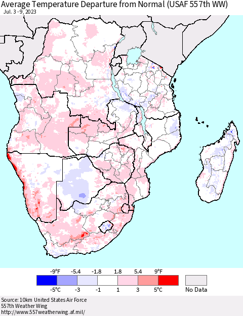 Southern Africa Average Temperature Departure from Normal (USAF 557th WW) Thematic Map For 7/3/2023 - 7/9/2023