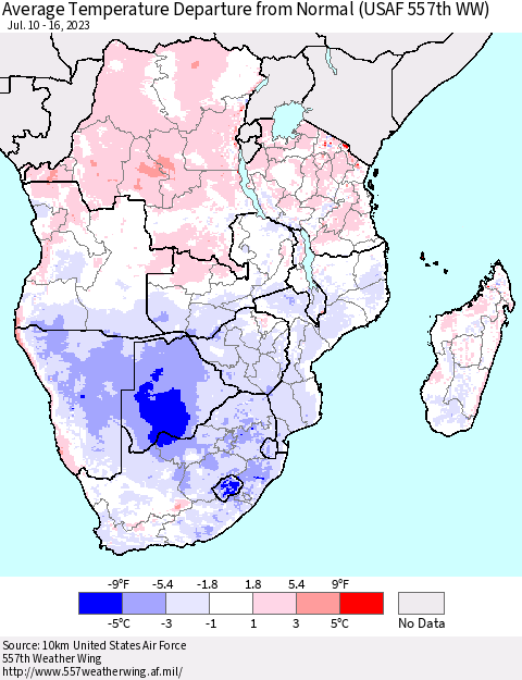 Southern Africa Average Temperature Departure from Normal (USAF 557th WW) Thematic Map For 7/10/2023 - 7/16/2023