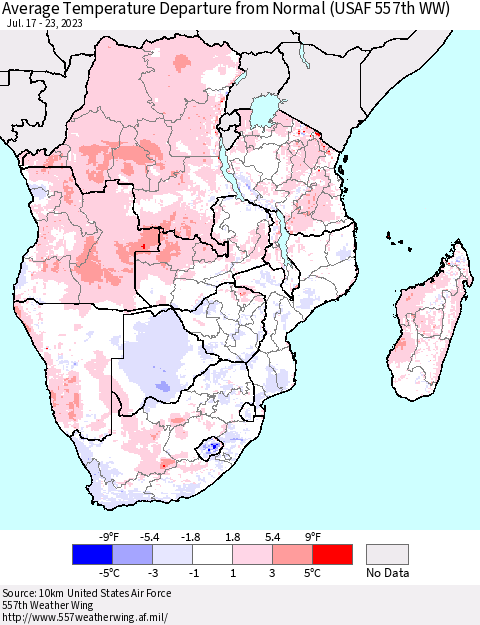 Southern Africa Average Temperature Departure from Normal (USAF 557th WW) Thematic Map For 7/17/2023 - 7/23/2023