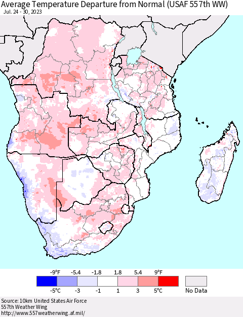 Southern Africa Average Temperature Departure from Normal (USAF 557th WW) Thematic Map For 7/24/2023 - 7/30/2023